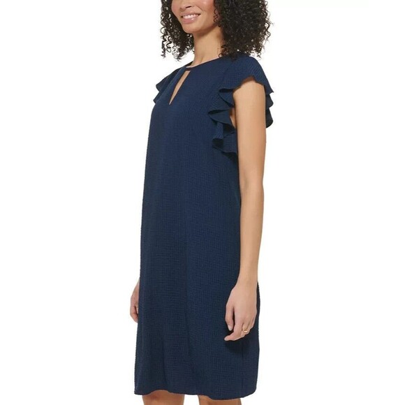 Jessica Howard Petite Keyhole Seersucker A-Line, Navy, Size 14 - Picture 3 of 4